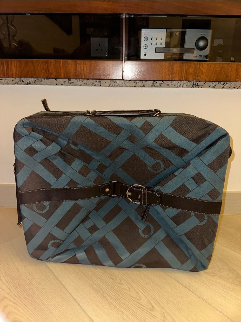 Lancel Teal & Brown Patterned Travel Case with Leather Trim